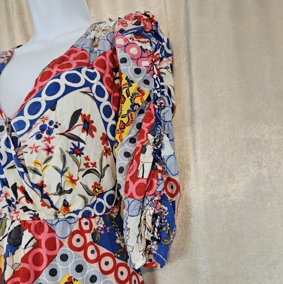 Anthropologie Lapis blue pink red yellow multi print blouson dress Women Medium - Picture 6 of 7